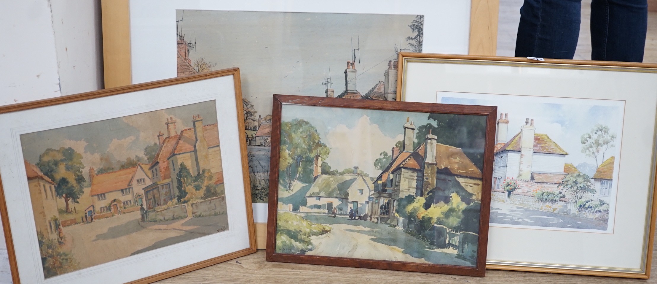 Three assorted watercolours of Glynde and a colour print, largest 40 x 49cm